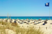 Beach with blue flag